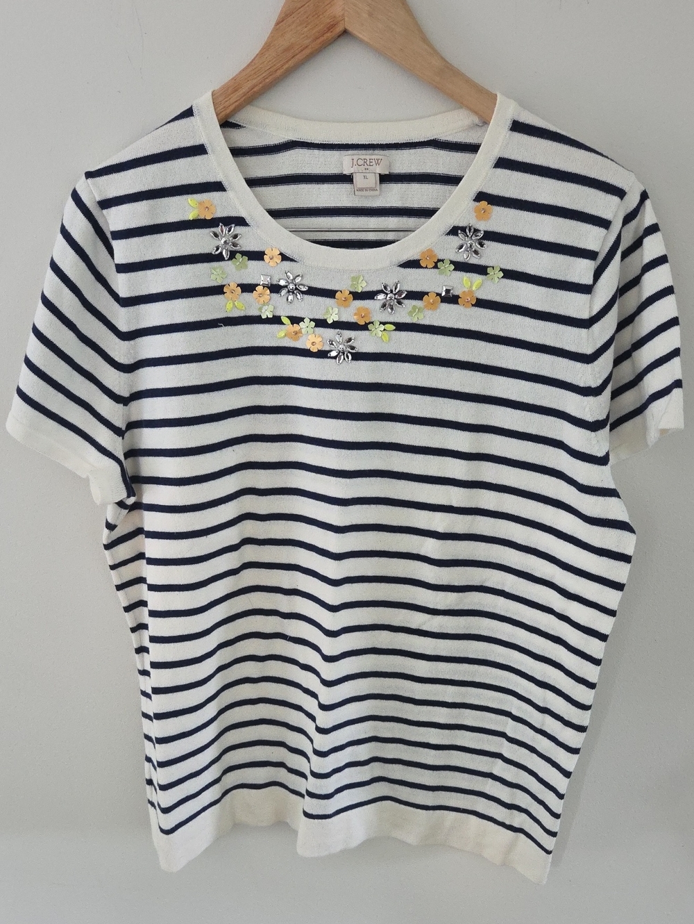 J. Crew Navy & White Striped Knit Short Sleeve CottonTee w/ Floral Embellishment